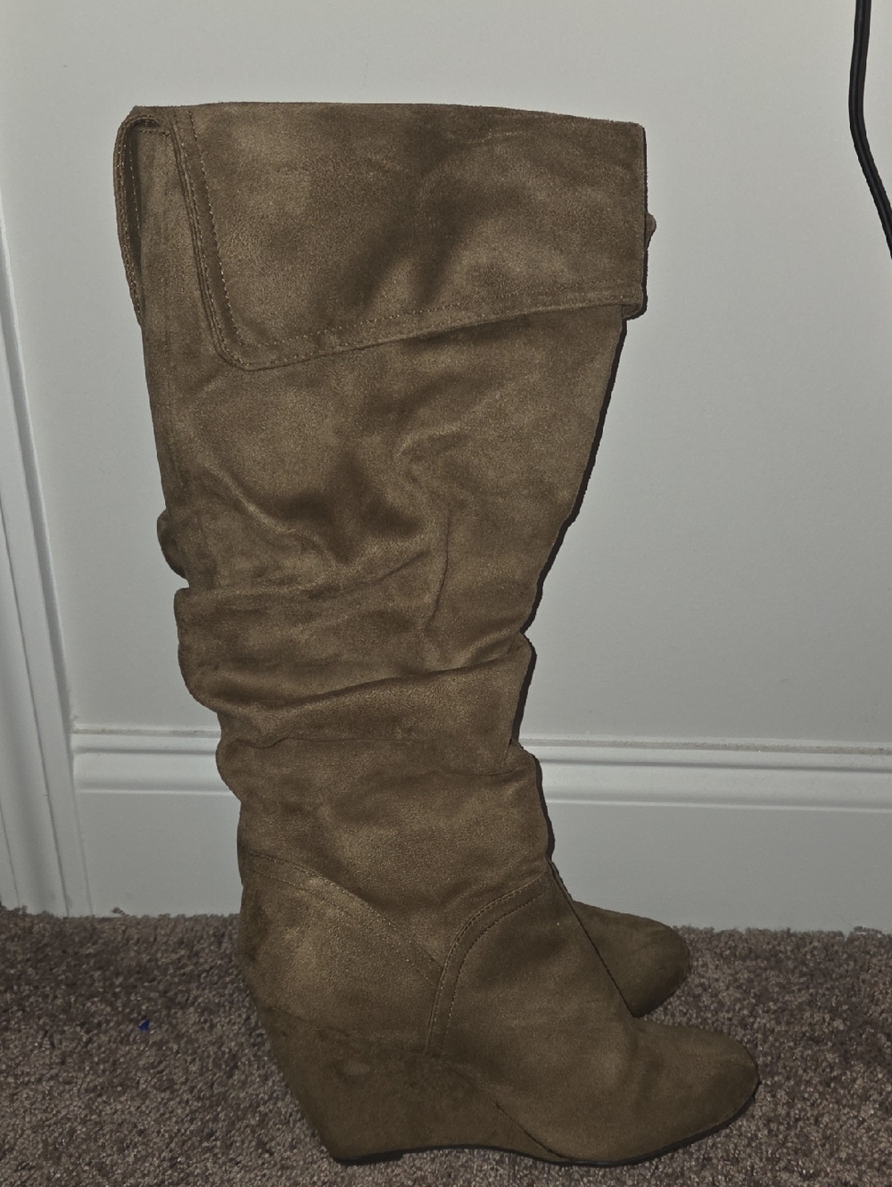 Women's Taupe Suede Wedge Knee-High Boots